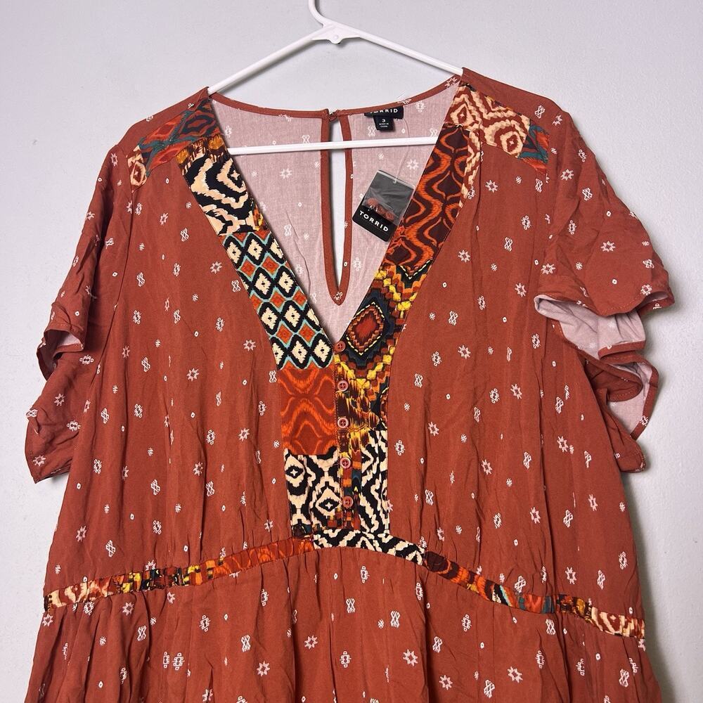 Torrid NWT Mini Challis Boarder Skater Dress Size 3X V-Neck Pockets Boho Tribal - Picture 5 of 16